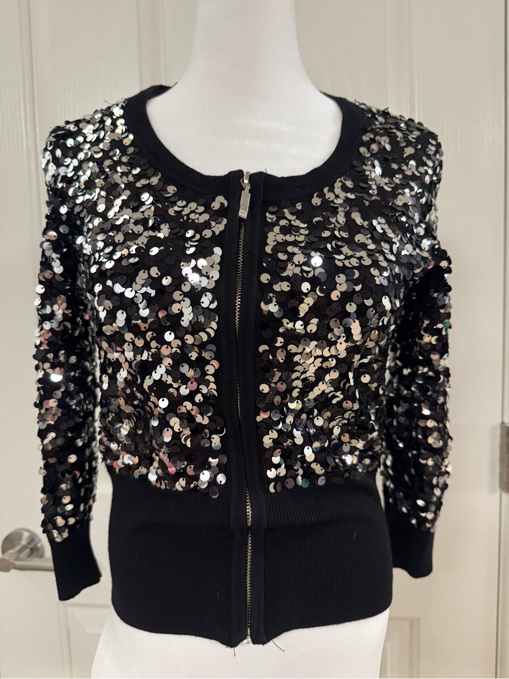 White House Black Market Black Sequin Zip Bomber Jacket